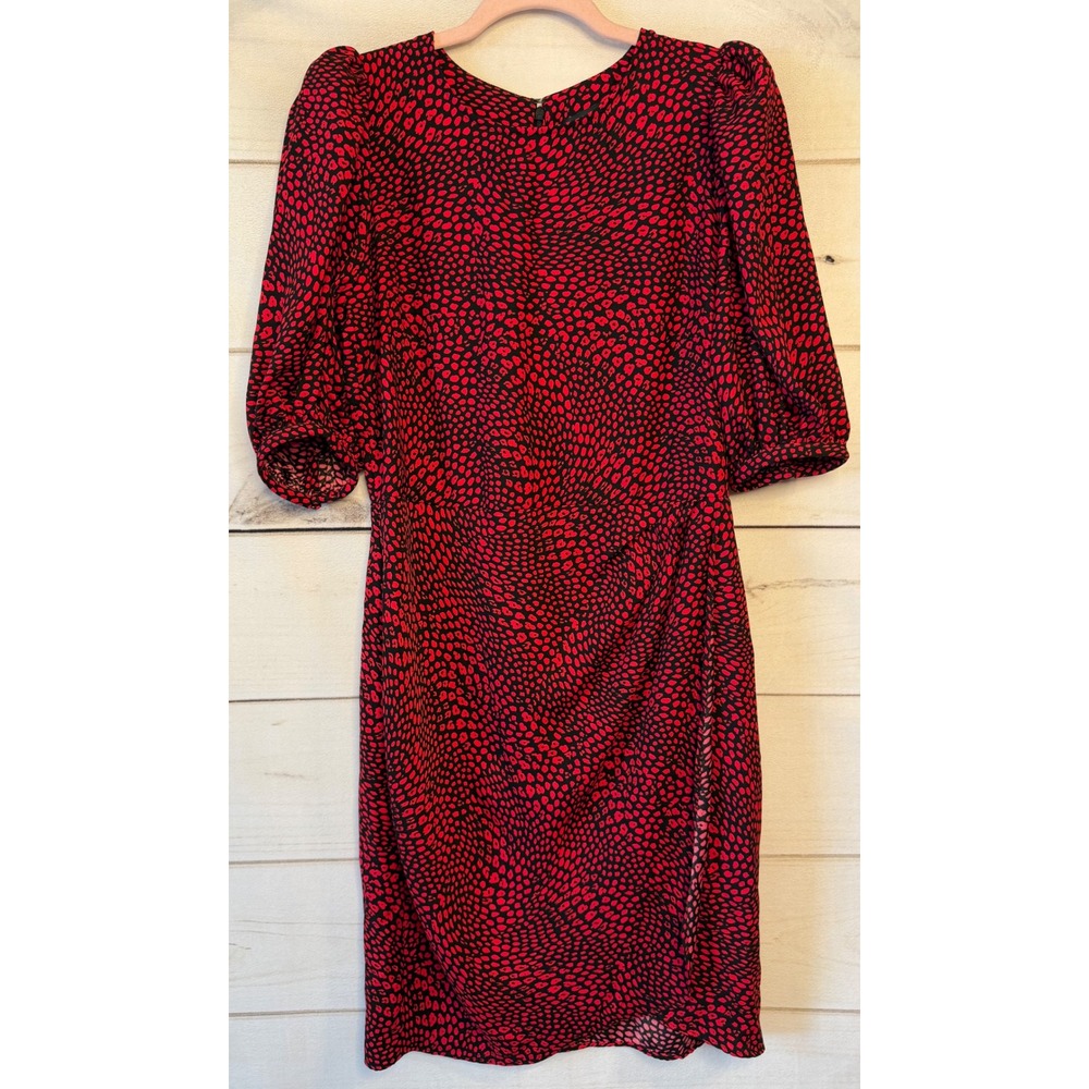 Banana Republic Red Black Leopard Animal Print Puff Sleeve Ruched Slit Dress 12
